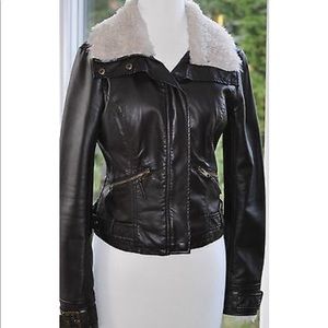 Guess Brown Leather Jacket with Shearling